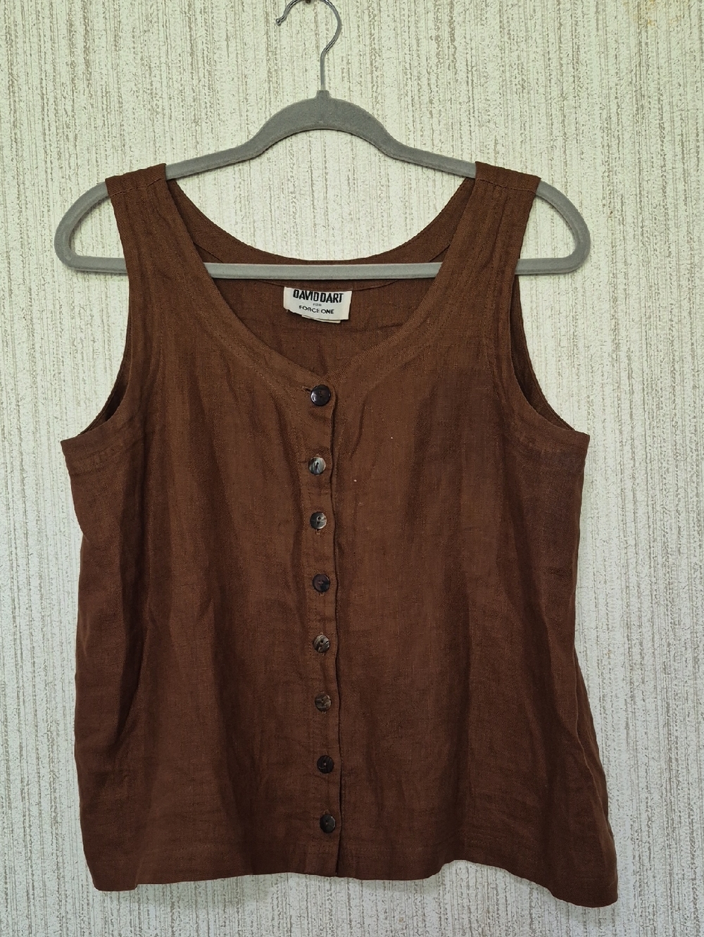 Vintage David Dart For Force One Small Brown Tank Top 100% Linen Button Front